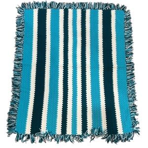 Handmade Crochet Striped Blue and White Fringe Blanket, 40”x35”